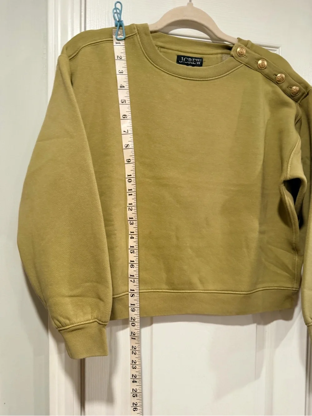 NWOT J.Crew Size XXS Green Gold Button Shoulder Sweatshirt Crewneck Pullover Top